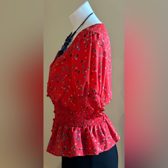 Sienna Sky Red Beautiful Blouse Elastic Sleeves & Waist Fabric Buttons S… - Picture 3 of 11